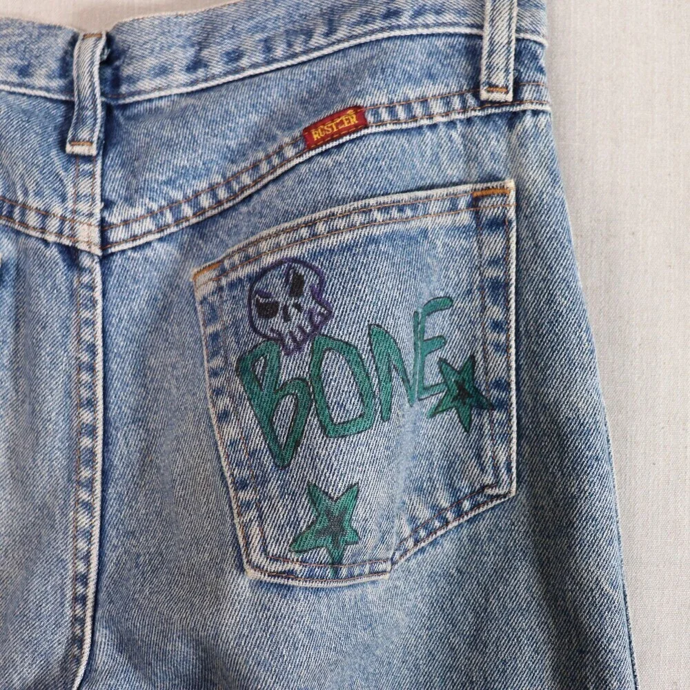 Vintage Rustler Jeans *30x30 Upcycled Tattoo Drawn Art Denim 90s Y2K Bone Skull